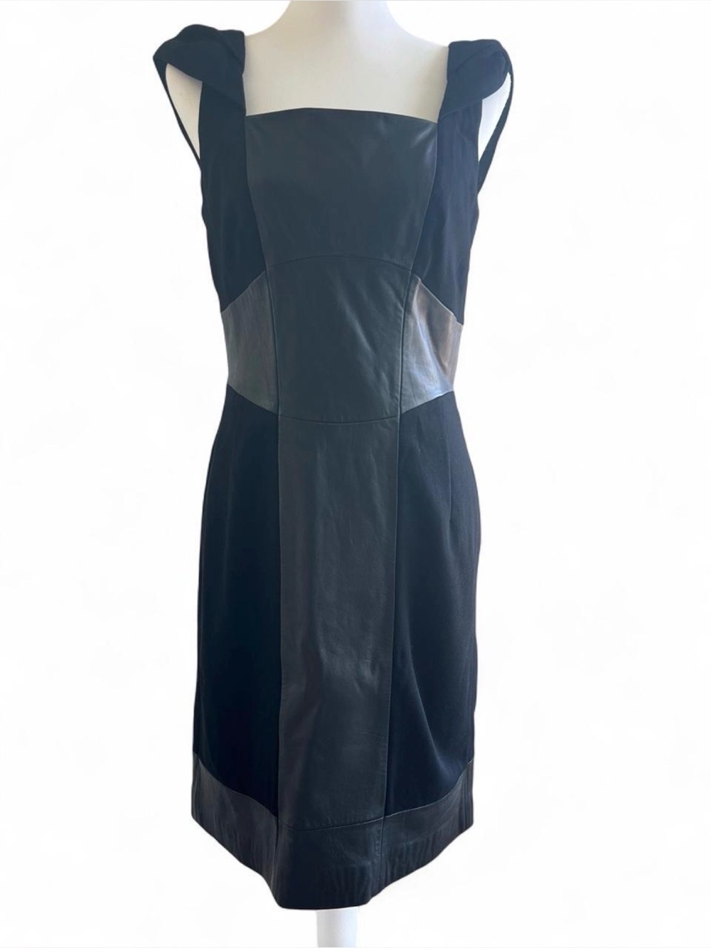 Antonio Melani Black Genuine Leather Panel Sheath Dress Size 6 Sleeveless